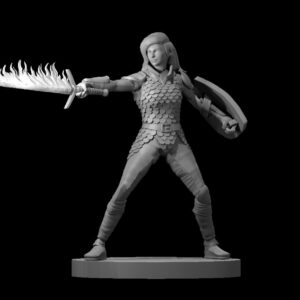 Human Female Fighter Scale Armor Flame Sword Shield